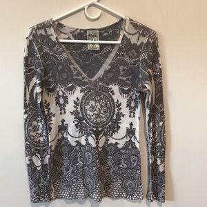 Vocal Gray and Cream Lace Pattern Blouse